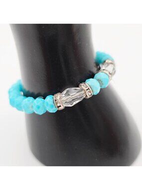Turquoise Faceted Beaded Stretch Bracelet With Crystal Accent Beads